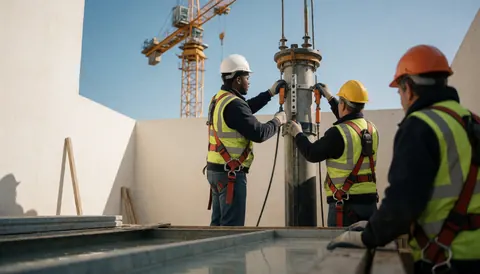 Workers in hard hats and vests install a metal structure on a construction site with a tower crane in the background.
