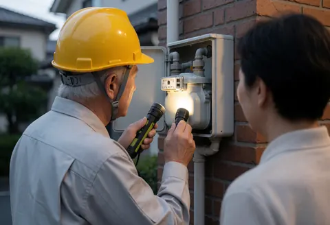 Technician in yellow helmet checks gas meter on brick wall while client watches service