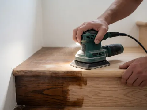 Electric sander polishing a dark wooden staircase against a white wall for staircase repair work