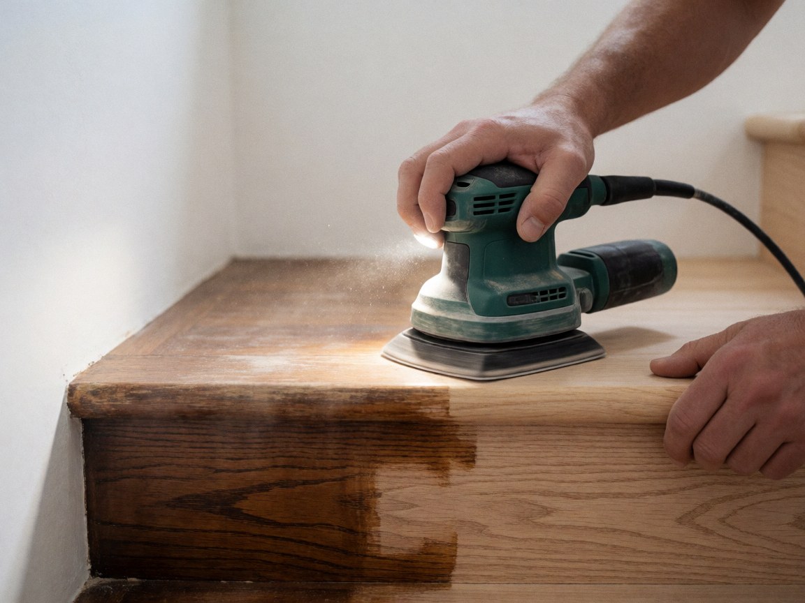 Electric sander polishing a dark wooden staircase against a white wall for staircase repair work