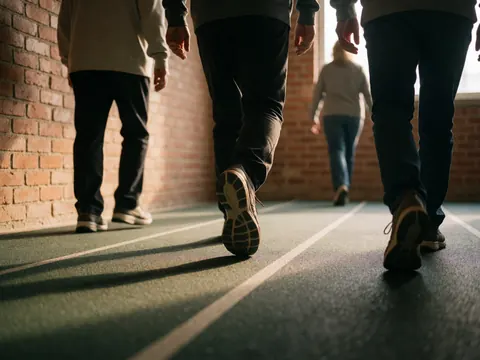 Close-up of athletic shoes on a brick running track with warm lighting and foot contact with the ground.