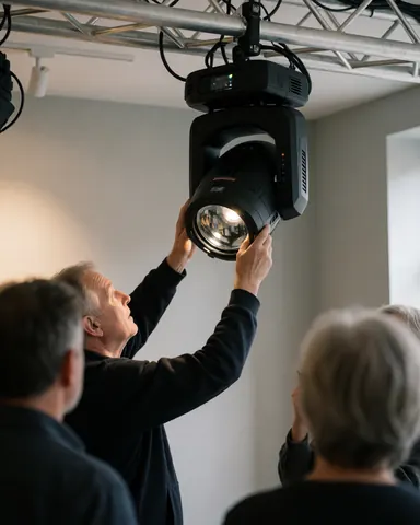 Technician adjusting a lighting fixture at an event with truss structure and gray walls while people observe the work