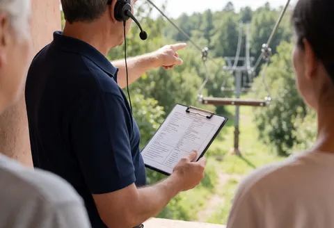 Guide with headset and clipboard points to zipline while clients observe the area in an adventure park with light plaster walls.