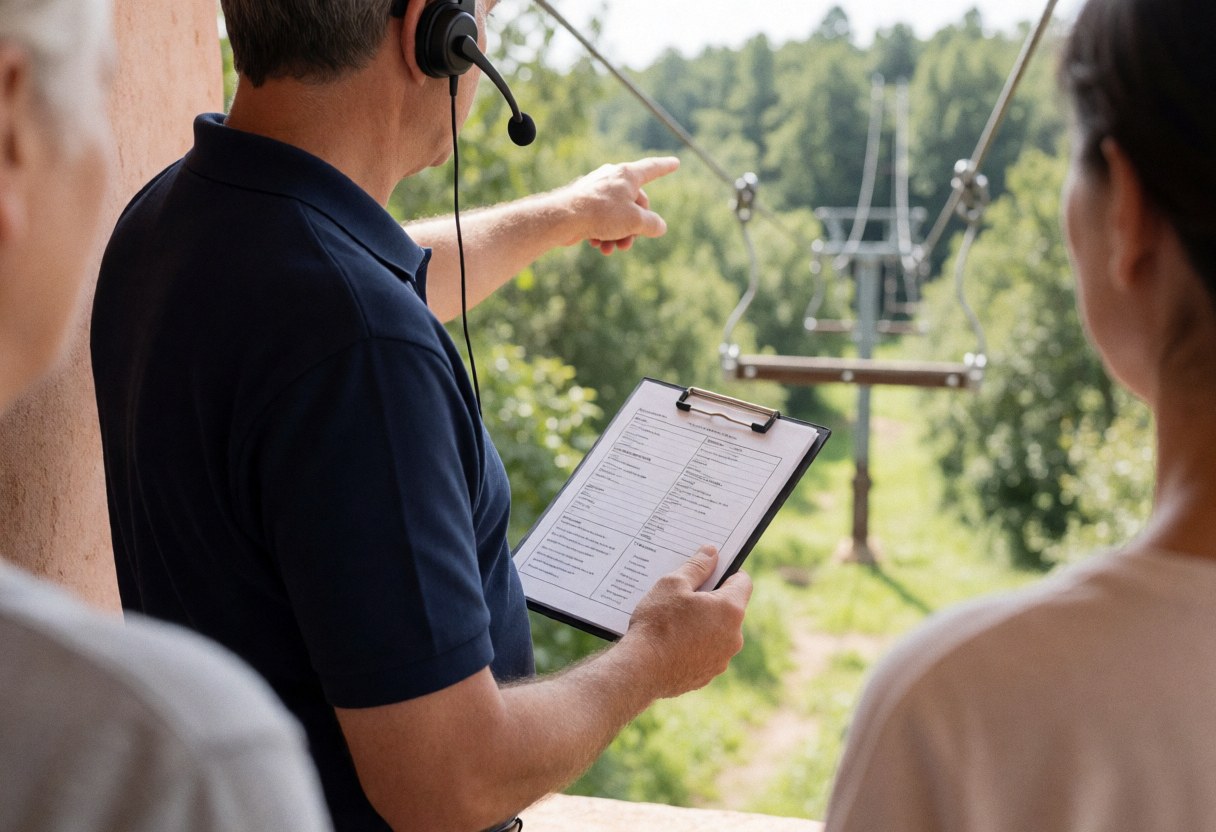 Guide with headset and clipboard points to zipline while clients observe the area in an adventure park with light plaster walls.