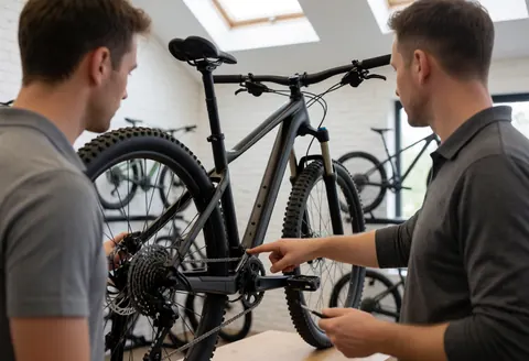 A professional cyclist explains the gear shifting mechanism of a black mountain bike in a shop with other bicycles in the background
