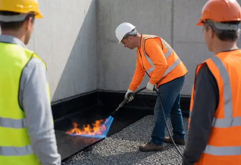 Technician uses a propane torch to apply a waterproofing membrane on a flat roof while colleagues observe nearby.