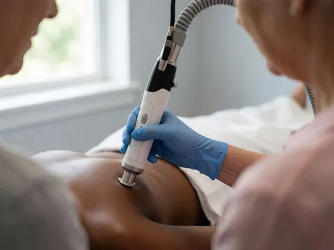 Professional wearing blue glove applies laser hair removal treatment to client's back on white bed with natural light
