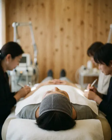 Two professionals perform a facial treatment on a client in a clinic with wooden walls and a relaxed atmosphere.