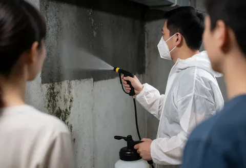 Waterproofing technician in protective gear sprays biocide on a mold-covered concrete wall while two people observe the service.
