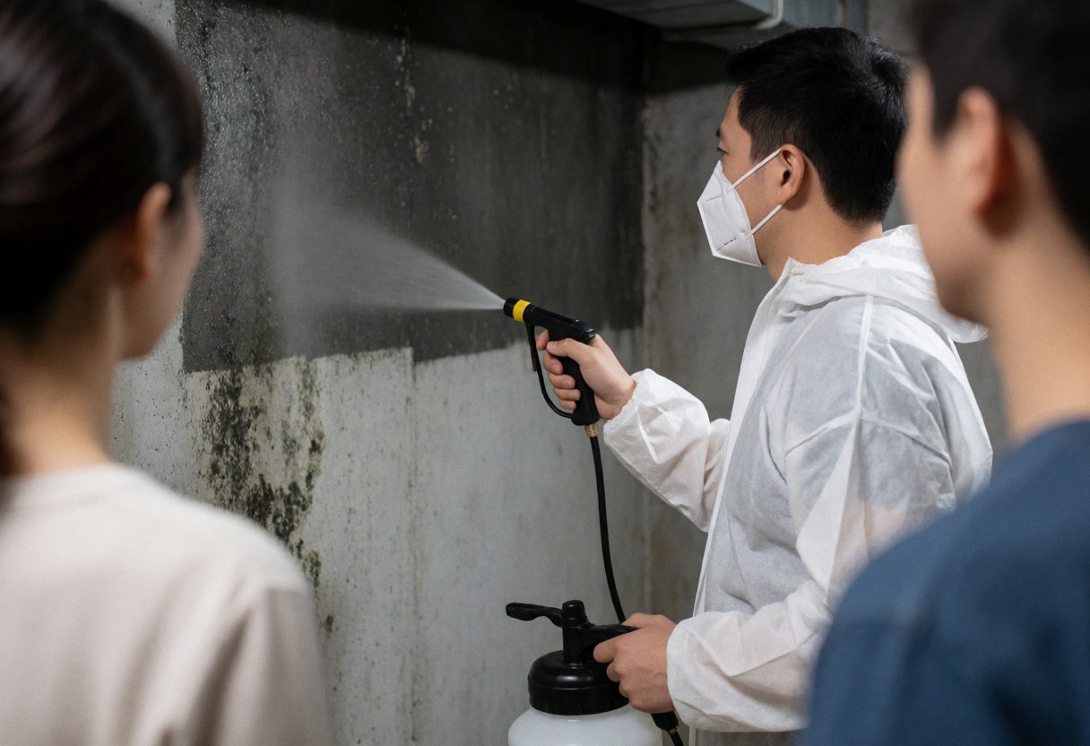 Waterproofing technician in protective gear sprays biocide on a mold-covered concrete wall while two people observe the service.