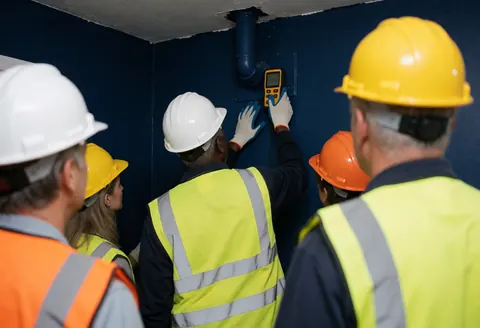 Maintenance team measuring moisture levels on a dark blue wall while wearing safety helmets and reflective vests at a work site