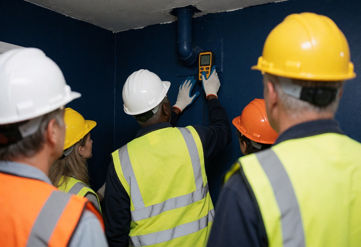 Maintenance team measuring moisture levels on a dark blue wall while wearing safety helmets and reflective vests at a work site