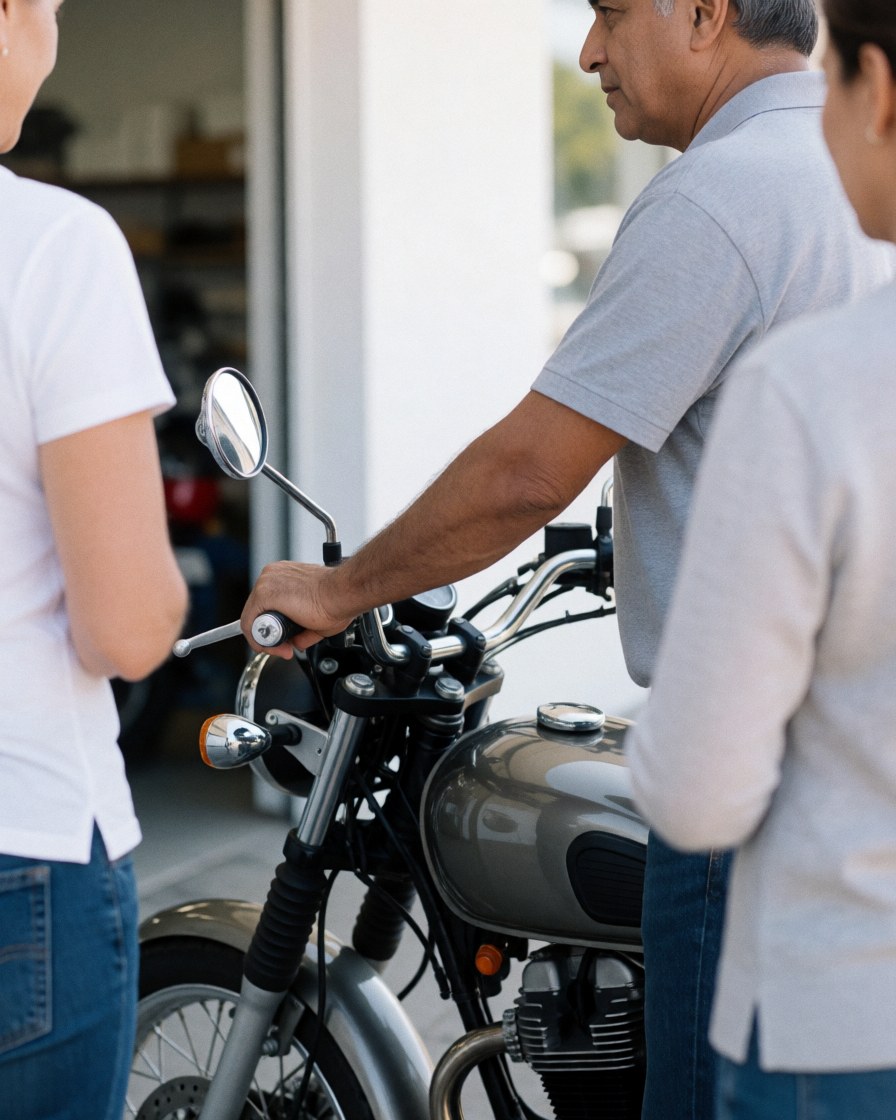 A satisfied customer standing with their motorcycle parked in front of a repair shop, hands on the handlebars, with two other people nearby.
