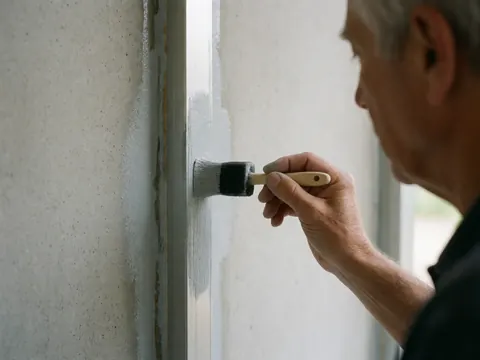 Close-up of a hand applying gray paint to an aluminum window frame using a brush, with a concrete wall in the background, illustrating window repair services.
