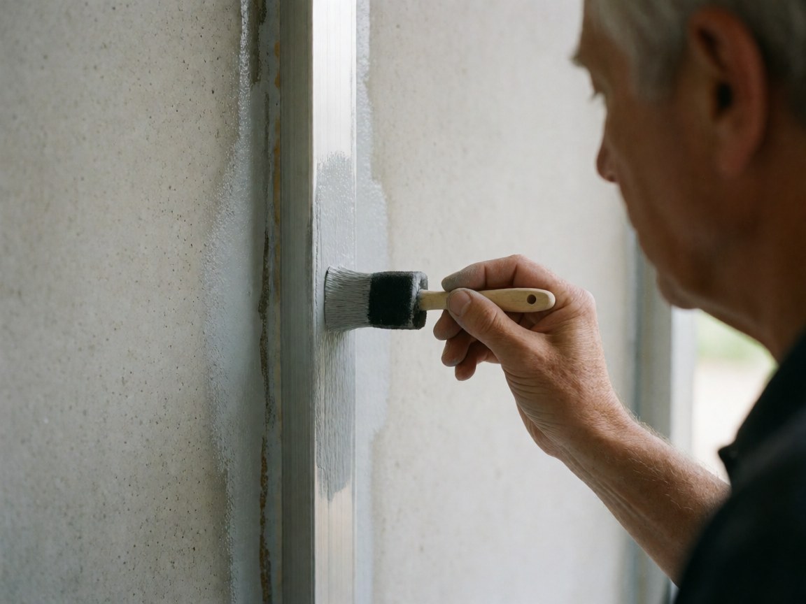 Close-up of a hand applying gray paint to an aluminum window frame using a brush, with a concrete wall in the background, illustrating window repair services.