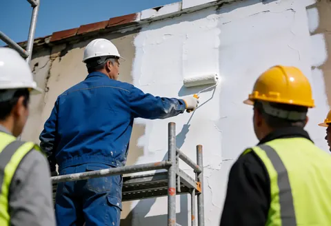 Worker in white helmet painting wall with roller while others in vests and helmets observe decorative painting work