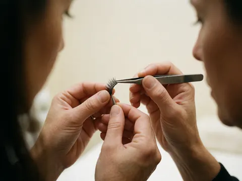 Detailed shot of hands using tweezers to apply a false eyelash in a beauty salon with a cream background