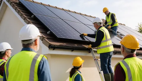 Workers wearing helmets and vests install solar panels on a residential roof during a solar repair service