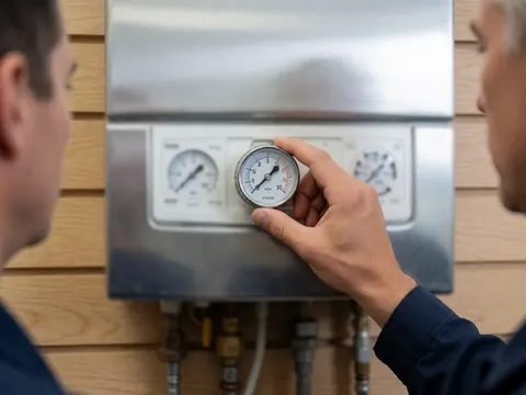 Close-up of a technician's hand adjusting a pressure gauge on a boiler control panel with visible metal pipes.