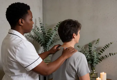 Therapist massaging a client's back in a spa with concrete walls, eucalyptus plants, and lit candles