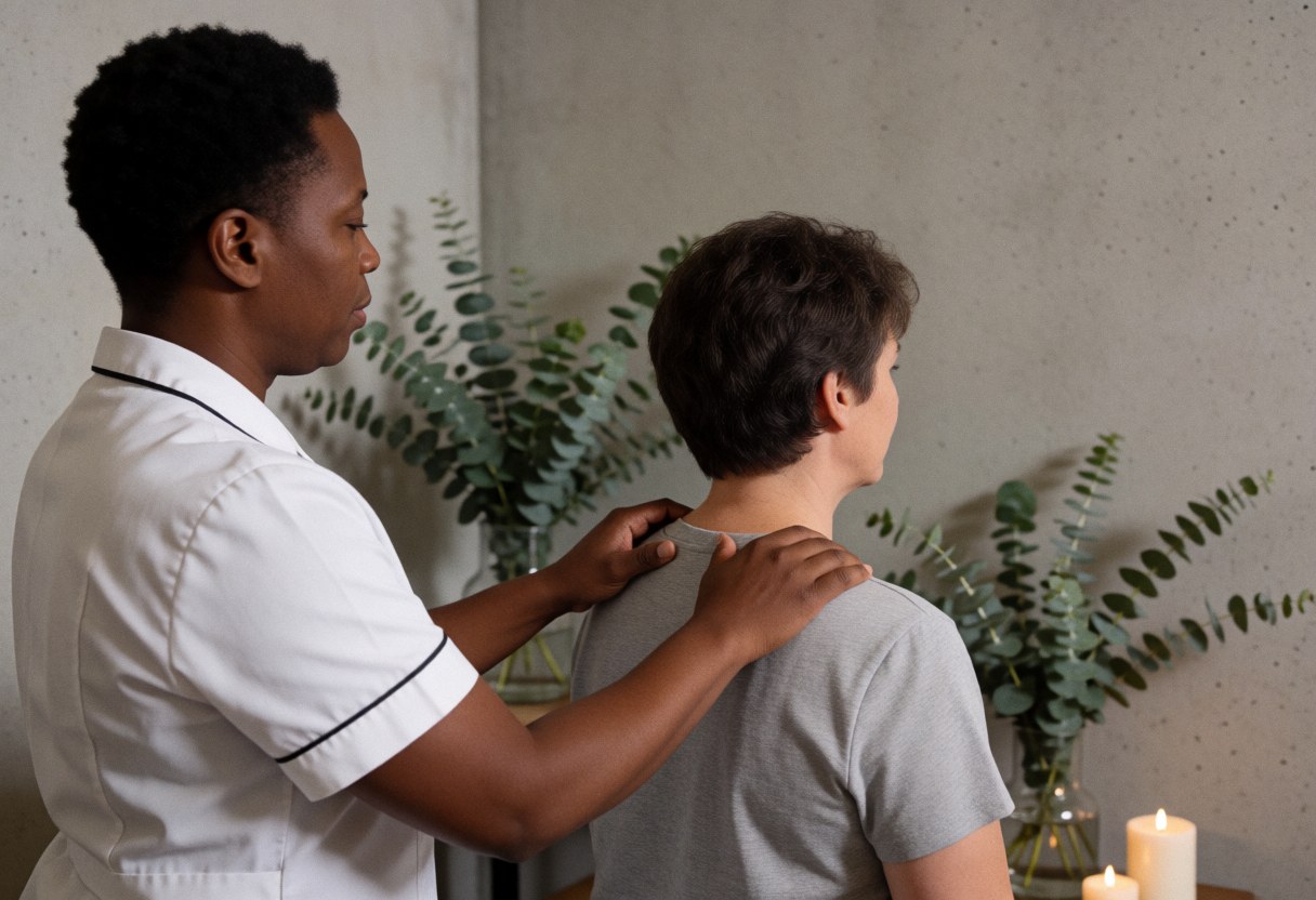 Therapist massaging a client's back in a spa with concrete walls, eucalyptus plants, and lit candles