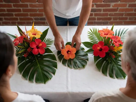 Hands placing tropical floral arrangements on a white table for a party event