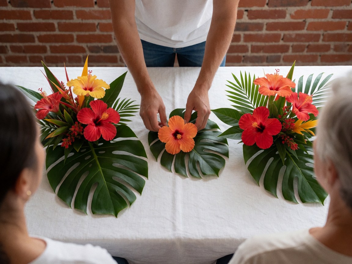 Hands placing tropical floral arrangements on a white table for a party event