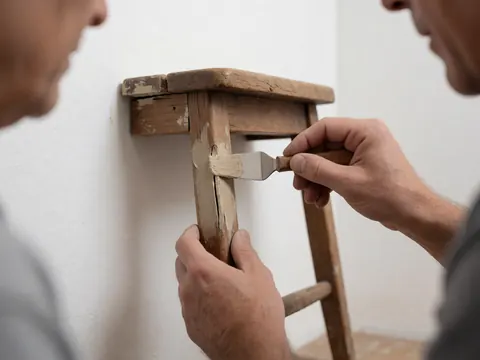 Close-up of a hand using a manual tool to apply wood filler to a wooden chair against a white wall