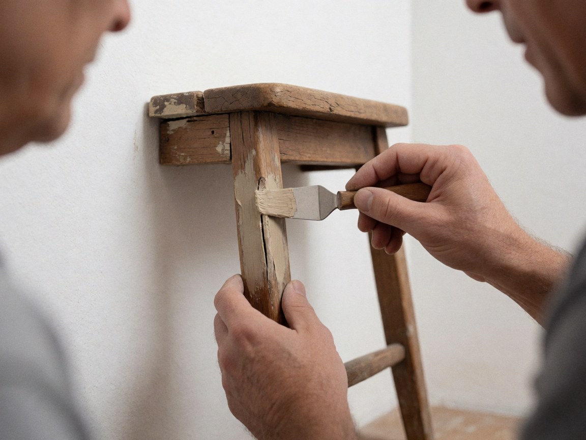 Close-up of a hand using a manual tool to apply wood filler to a wooden chair against a white wall