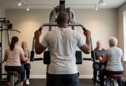A man exercising with a weight machine in a gym while other people use equipment in the background