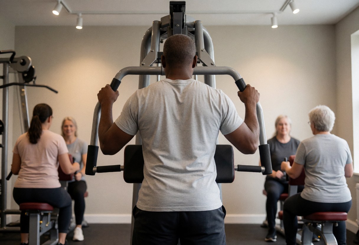 A man exercising with a weight machine in a gym while other people use equipment in the background