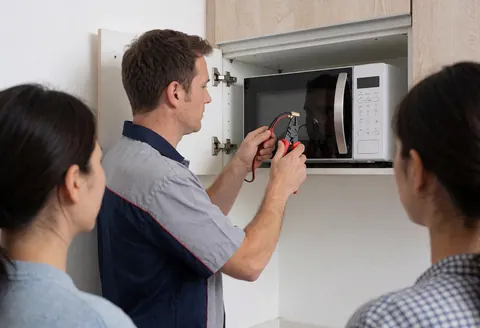 Technician inspecting a microwave oven in a kitchen setting while customers observe the appliance repair process