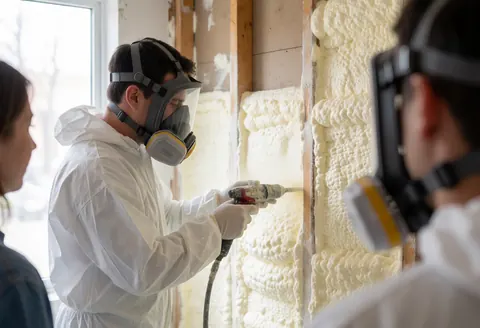 Worker in protective gear applying spray foam insulation to a wooden wall during a thermal insulation service.