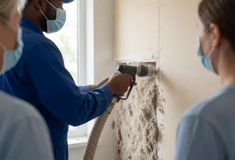 A technician wearing a mask injects cellulose insulation into a drywall cavity during a thermal insulation service.