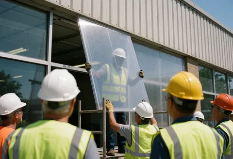 Workers wearing hard hats and safety vests install a polycarbonate panel on a commercial building window.