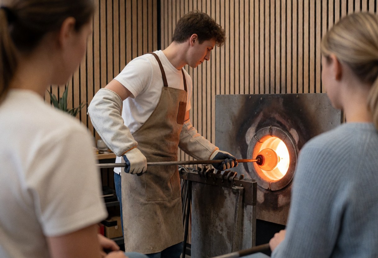 Glassblower working with molten glass in a workshop using a glory hole and wooden walls