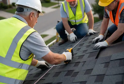 Three workers wearing hard hats and safety vests measure and place dark shingles on a residential roof.