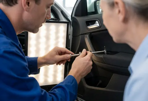 Technician in blue uniform using metal roller to repair dent on car door while client observes auto body service