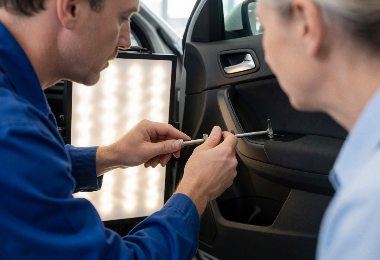 Technician in blue uniform using metal roller to repair dent on car door while client observes auto body service