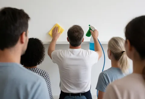 A worker cleans a shelf using a spray bottle and yellow cloth inside a stationery store.