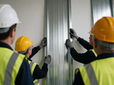 Workers wearing safety gear adjust a ribbed metal panel on a white wall during roof installation