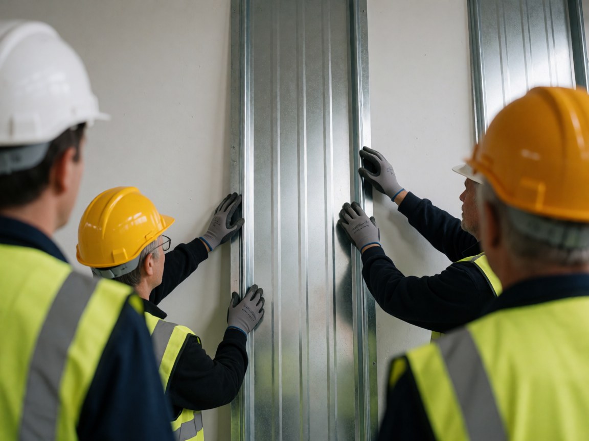 Workers wearing safety gear adjust a ribbed metal panel on a white wall during roof installation