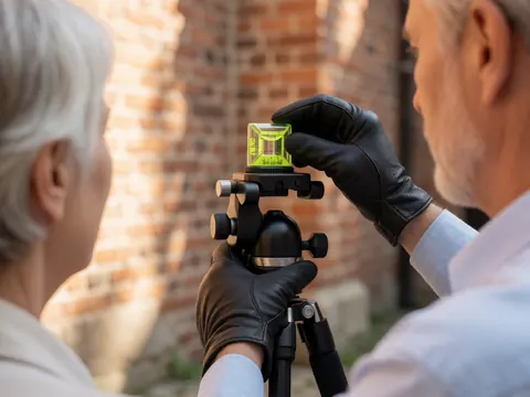 Photographer adjusting the bubble level on a panoramic tripod in front of a brick wall with warm natural light.