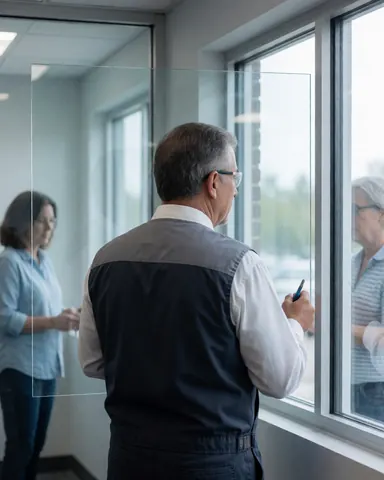 A technician wearing safety glasses inspects a modern office window with clear glass and gray walls.