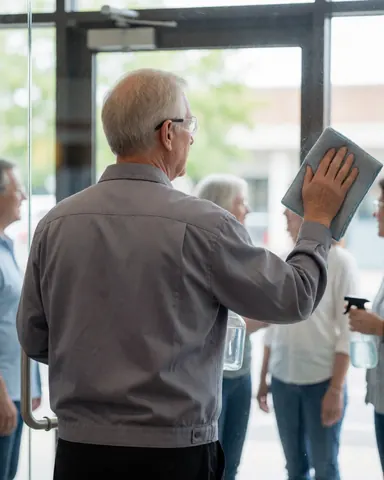 man in gray uniform cleaning glass with cloth while customers watch from outside during window cleaning service