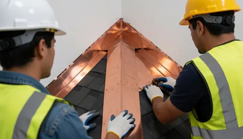 Two workers in hard hats and vests install a copper cornice on a dark shingled roof, showing the metal's bright finish.