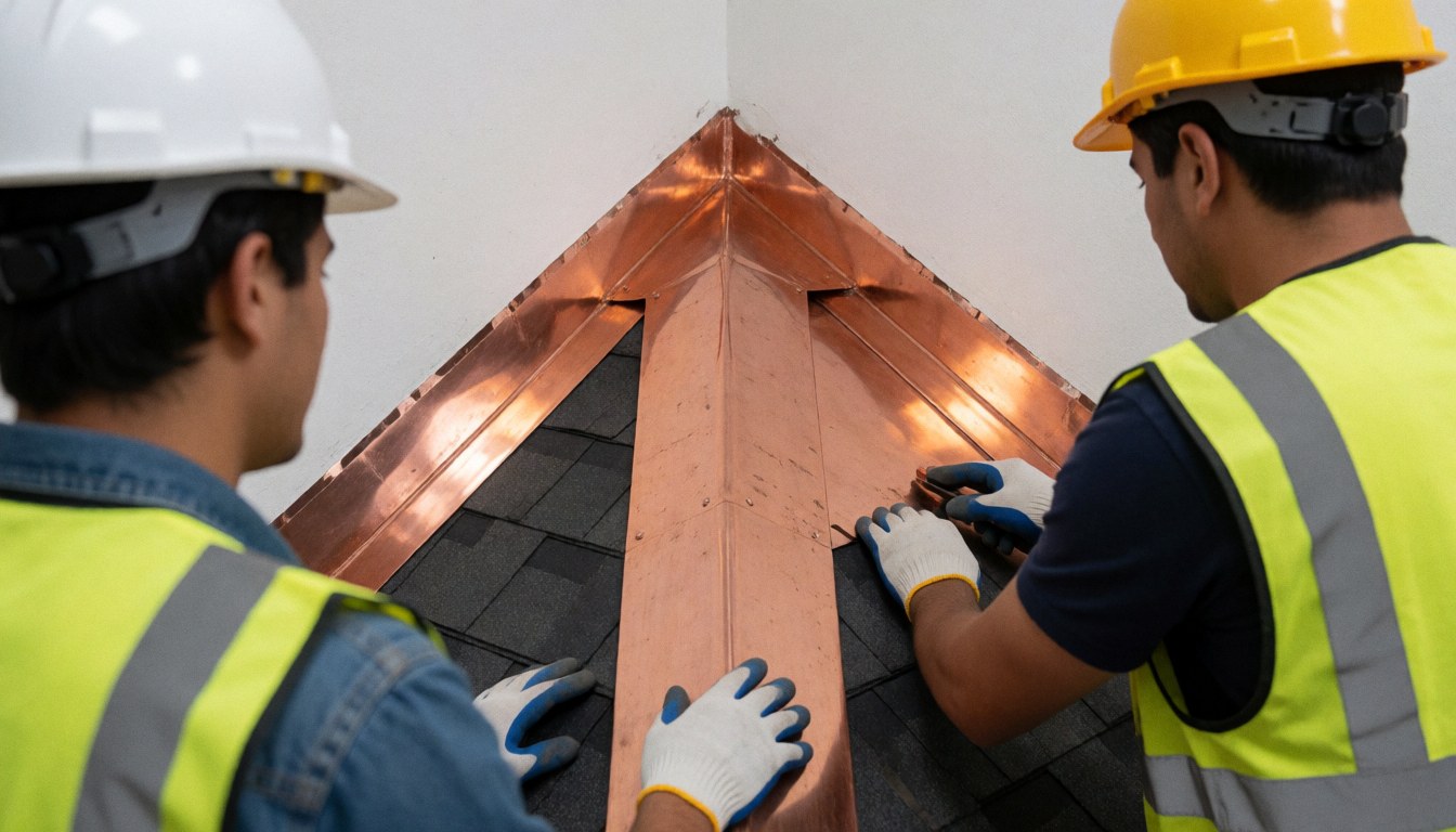 Two workers in hard hats and vests install a copper cornice on a dark shingled roof, showing the metal's bright finish.