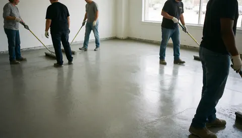 Workers using rollers to level freshly applied concrete flooring in a room with large windows, suitable for flooring installation services.