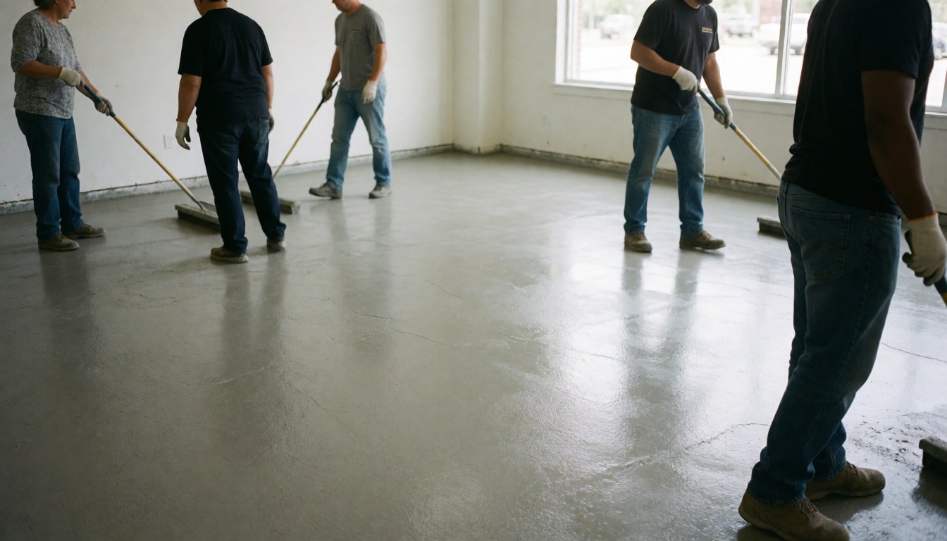 Workers using rollers to level freshly applied concrete flooring in a room with large windows, suitable for flooring installation services.