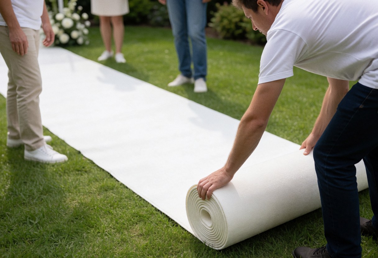 Worker unrolling white carpet runner on green grass for outdoor event setup